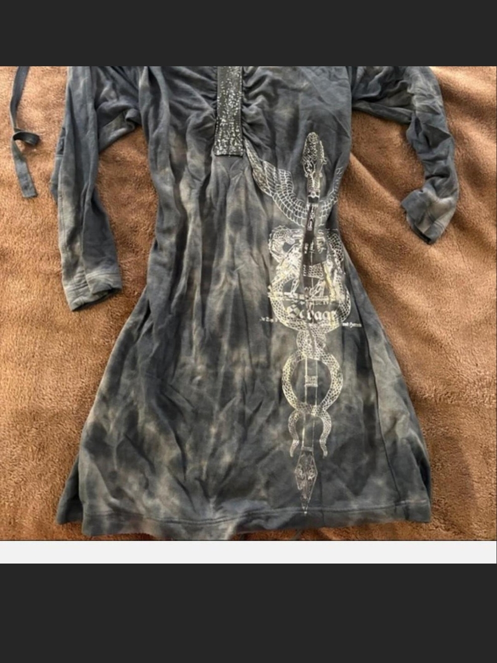 Salvage Tie-Dye Gray Long Sleeve Rhinestone Snake Graphic Dress. S